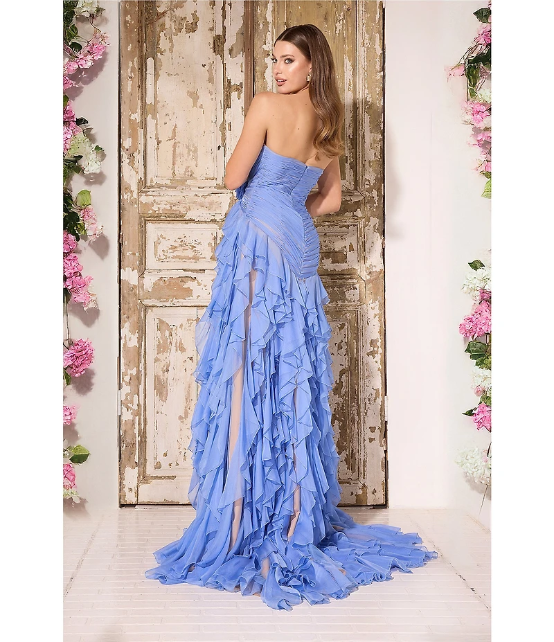 Terani Couture Strapless Ruffle Chiffon Gown