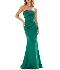 Terani Couture Strapless Satin Column Gown