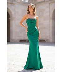 Terani Couture Strapless Satin Column Gown