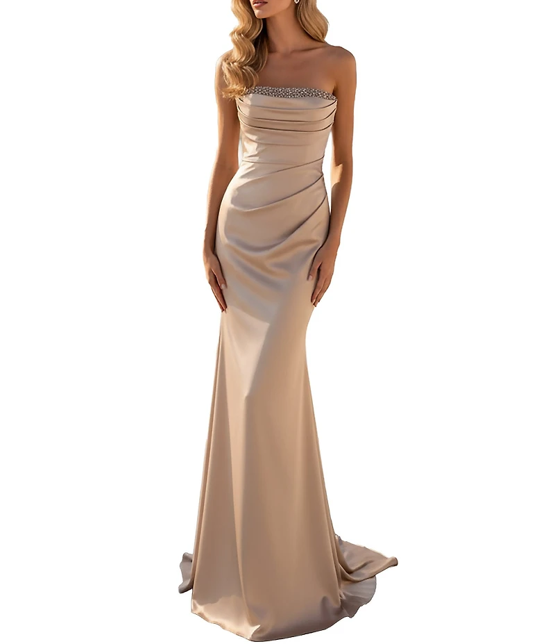Terani Couture Strapless Satin Column Gown