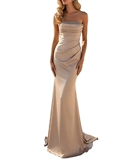 Terani Couture Strapless Satin Column Gown