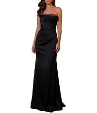 Terani Couture Strapless Satin Column Gown
