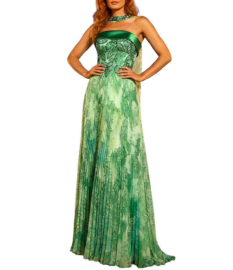 Terani Couture Strapless Scarf Neck Long Gown