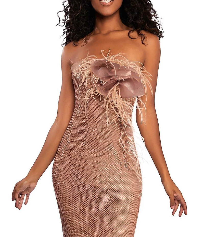 Terani Couture Strapless Sleeveless Feather Embellished Mermaid Gown