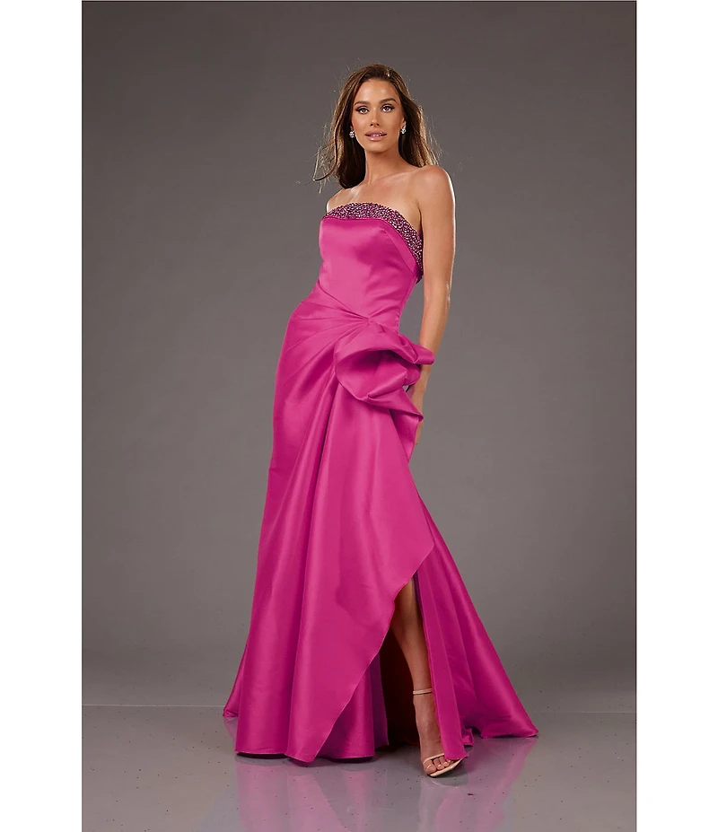 Terani Couture Stretch Mikado Embellished Strapless Ruffle Mermaid Gown