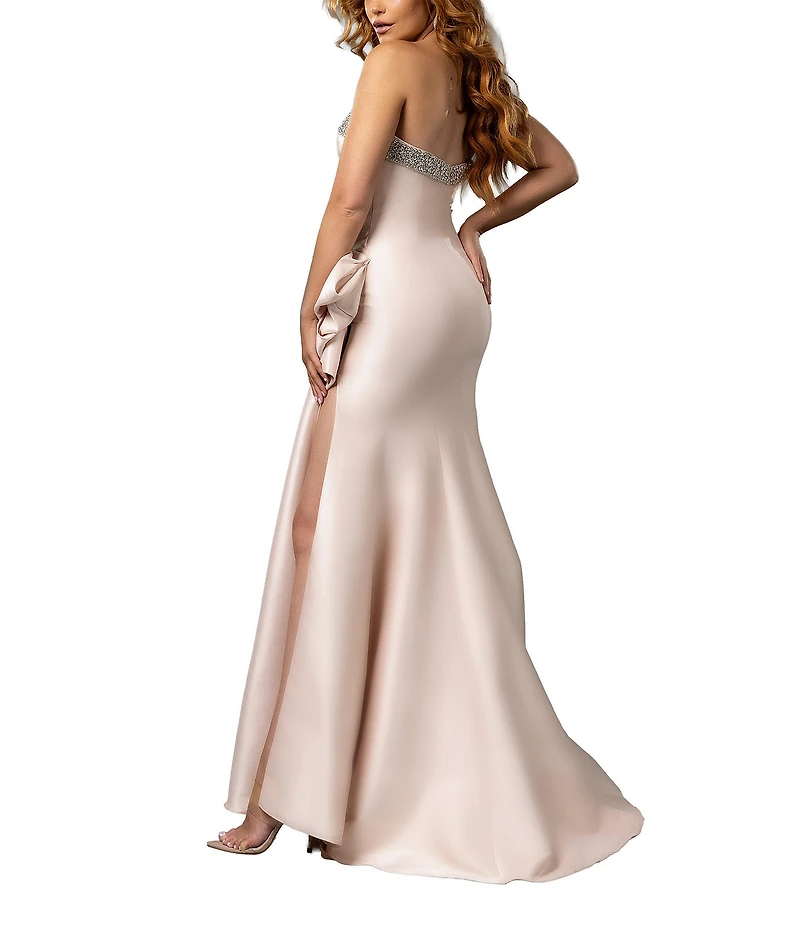 Terani Couture Stretch Mikado Embellished Strapless Ruffle Mermaid Gown