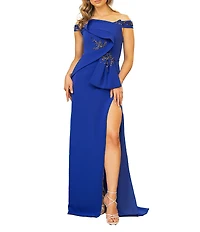 Terani Couture Stretch Satin Off-The-Shoulder Applique Mermaid Gown