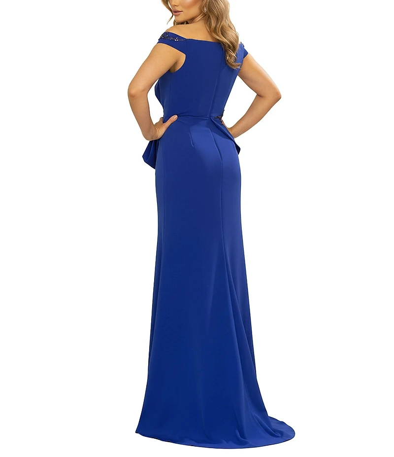 Terani Couture Stretch Satin Off-The-Shoulder Applique Mermaid Gown