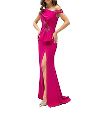 Terani Couture Stretch Satin Off-The-Shoulder Applique Mermaid Gown