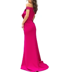 Terani Couture Stretch Satin Off-The-Shoulder Applique Mermaid Gown