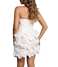 Terani Couture Stretch Taffeta Strapless Drop Waist Floral Applique Mini Dress