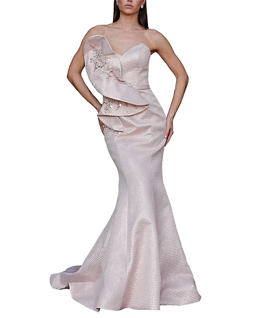 Terani Couture Sweetheart Neck 3D Ruffle Metallic Jacquard Mermaid Dress