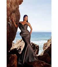 Terani Couture Sweetheart Neck 3D Ruffle Metallic Jacquard Mermaid Dress