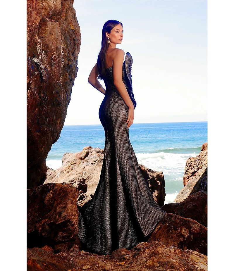 Terani Couture Sweetheart Neck 3D Ruffle Metallic Jacquard Mermaid Dress
