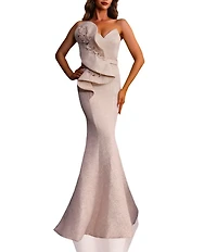 Terani Couture Sweetheart Neck 3D Ruffle Metallic Jacquard Mermaid Dress