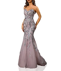 Terani Couture Sweetheart Neck Beaded Tulle Strapless Mermaid Gown