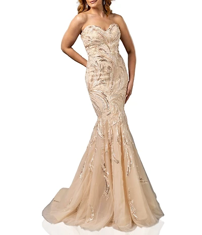 Terani Couture Sweetheart Neck Beaded Tulle Strapless Mermaid Gown