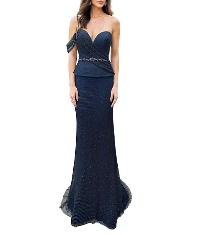 Terani Couture Sweetheart Neck Fishnet Peplum Gown