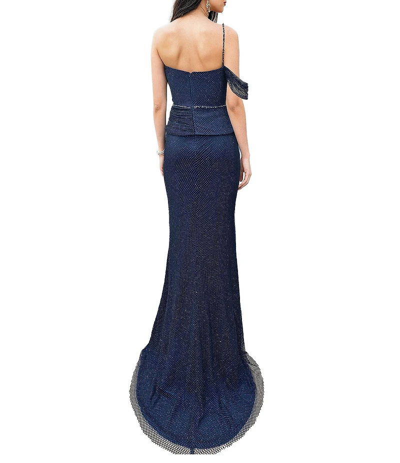 Terani Couture Sweetheart Neck Fishnet Peplum Gown