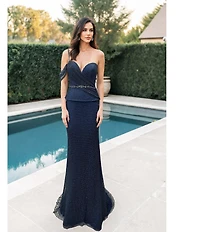 Terani Couture Sweetheart Neck Fishnet Peplum Gown