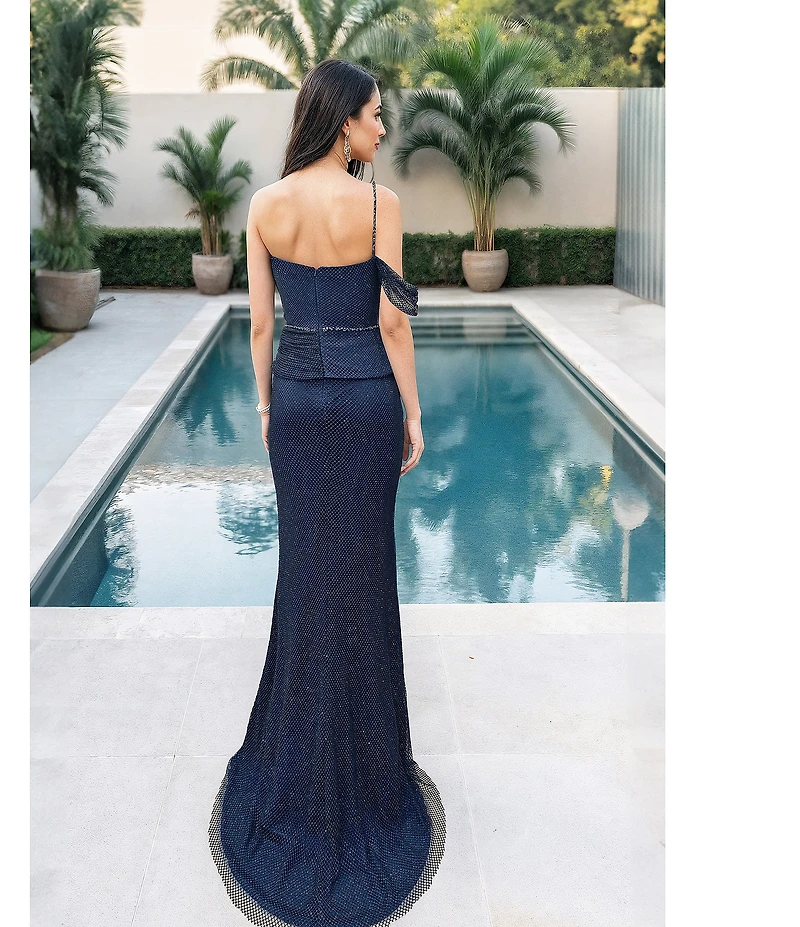 Terani Couture Sweetheart Neck Fishnet Peplum Gown