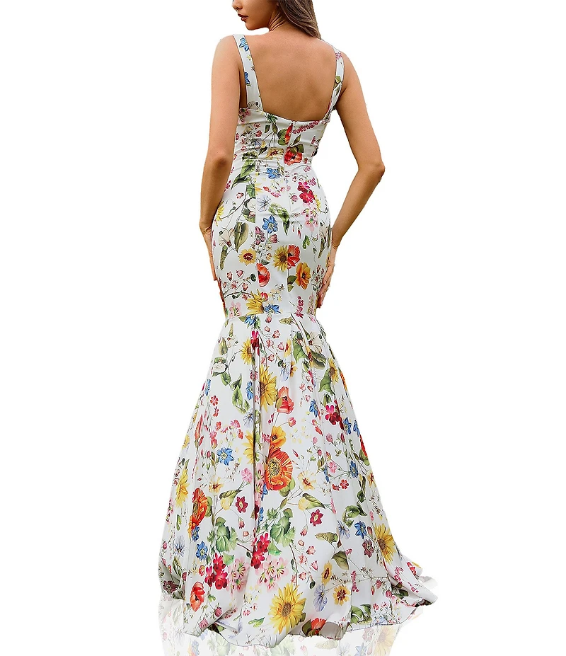 Terani Couture Sweetheart Neck Floral Printed Satin Sleeveless Mermaid Gown