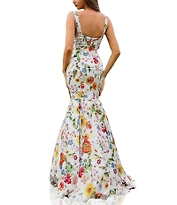 Terani Couture Sweetheart Neck Floral Printed Satin Sleeveless Mermaid Gown