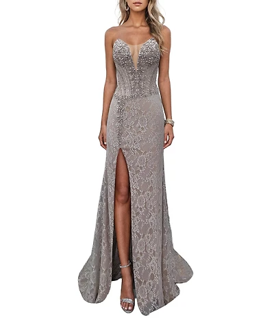 Terani Couture Sweetheart Neck Lace Column Gown