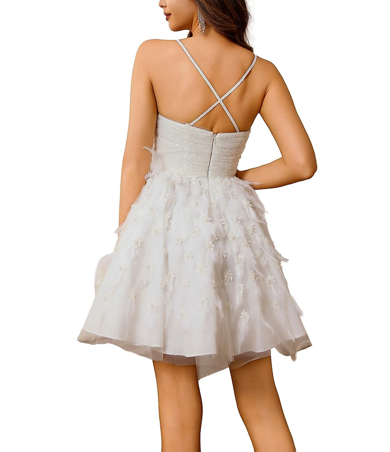 Terani Couture Sweetheart Neckline Tulle Feather Short Dress