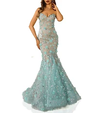 Terani Couture Sweetheart Strapless 3D Applique Tulle Mermaid Gown