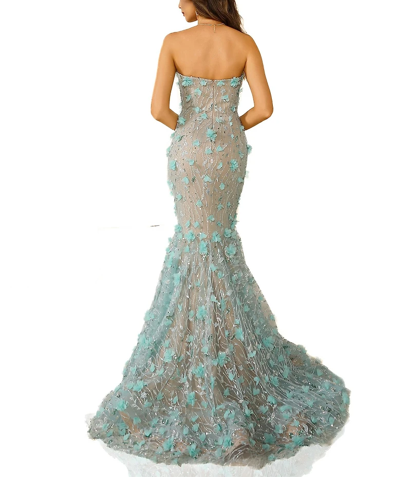 Terani Couture Sweetheart Strapless 3D Applique Tulle Mermaid Gown