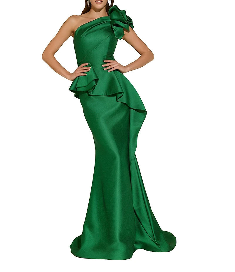 Terani Couture Taffeta One Floral Applique Shoulder Peplum Gown