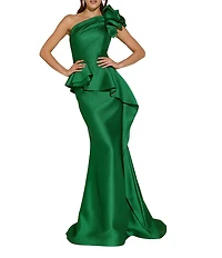 Terani Couture Taffeta One Floral Applique Shoulder Peplum Gown