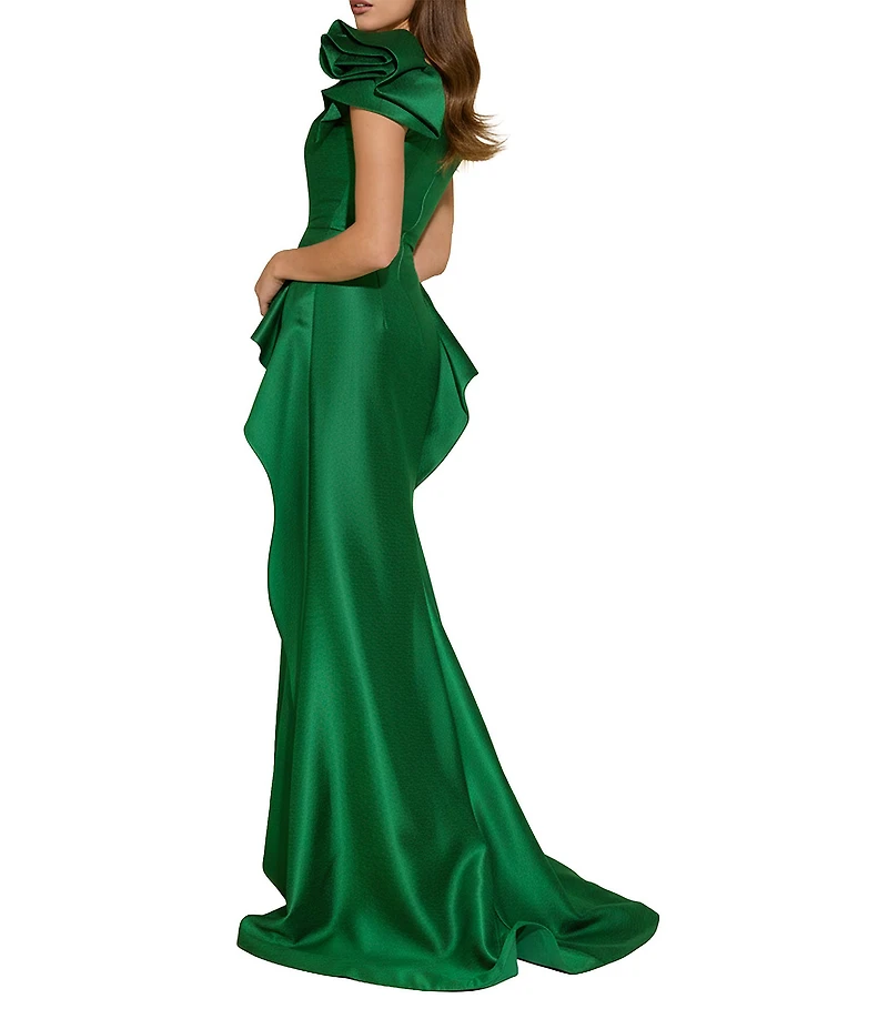 Terani Couture Taffeta One Floral Applique Shoulder Peplum Gown