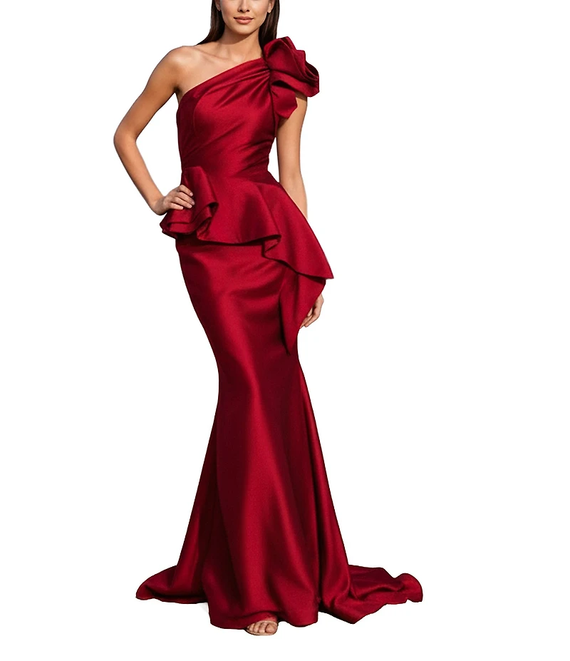 Terani Couture Taffeta One Floral Applique Shoulder Peplum Gown