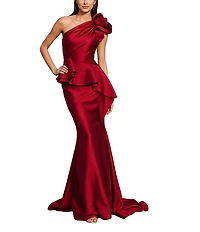 Terani Couture Taffeta One Floral Applique Shoulder Peplum Gown