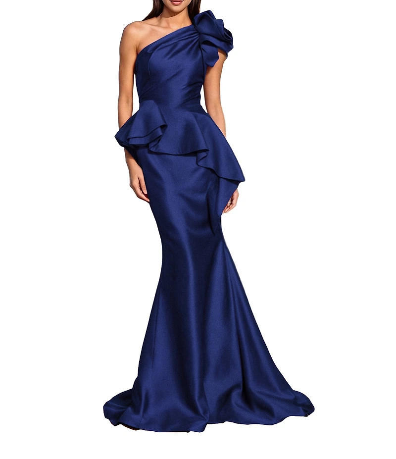 Terani Couture Taffeta One Floral Applique Shoulder Peplum Gown