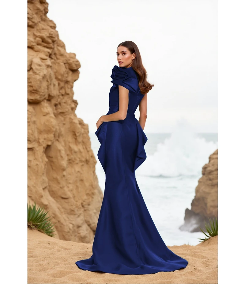 Terani Couture Taffeta One Floral Applique Shoulder Peplum Gown