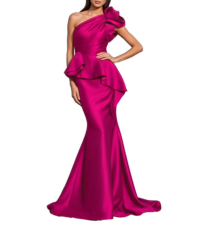 Terani Couture Taffeta One Floral Applique Shoulder Peplum Gown
