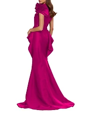 Terani Couture Taffeta One Floral Applique Shoulder Peplum Gown