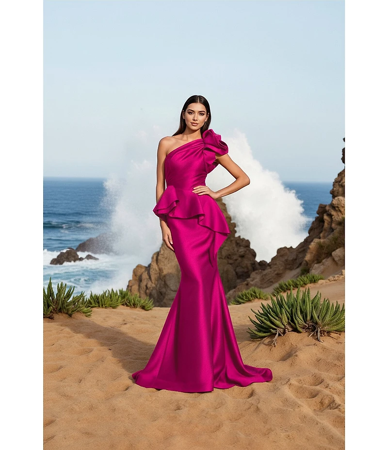 Terani Couture Taffeta One Floral Applique Shoulder Peplum Gown