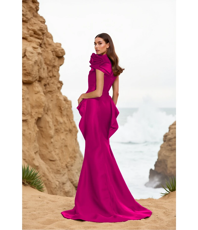 Terani Couture Taffeta One Floral Applique Shoulder Peplum Gown