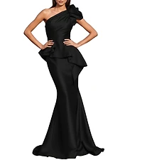Terani Couture Taffeta One Floral Applique Shoulder Peplum Gown