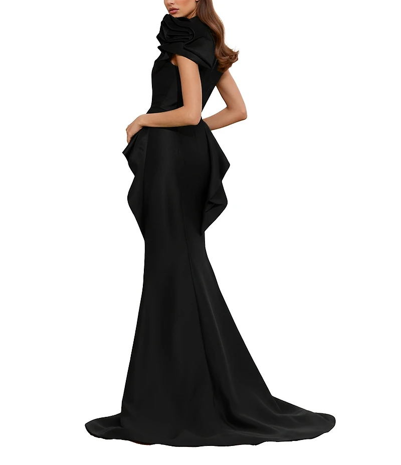 Terani Couture Taffeta One Floral Applique Shoulder Peplum Gown