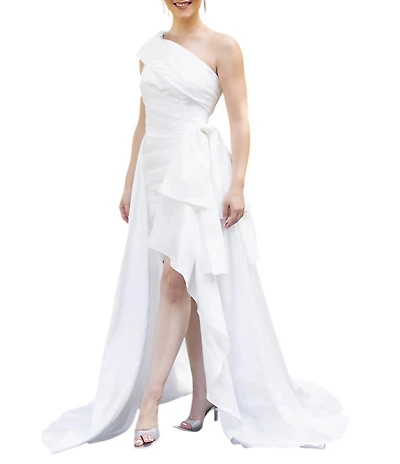 Terani Couture Taffeta One Shoulder Side Ruffle Hi-Low A-Line Gown