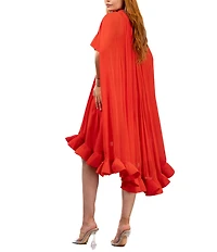 Terani Couture Tie Neck Short Capelet Sleeve Ruffle Hem Chiffon Caftan Dress