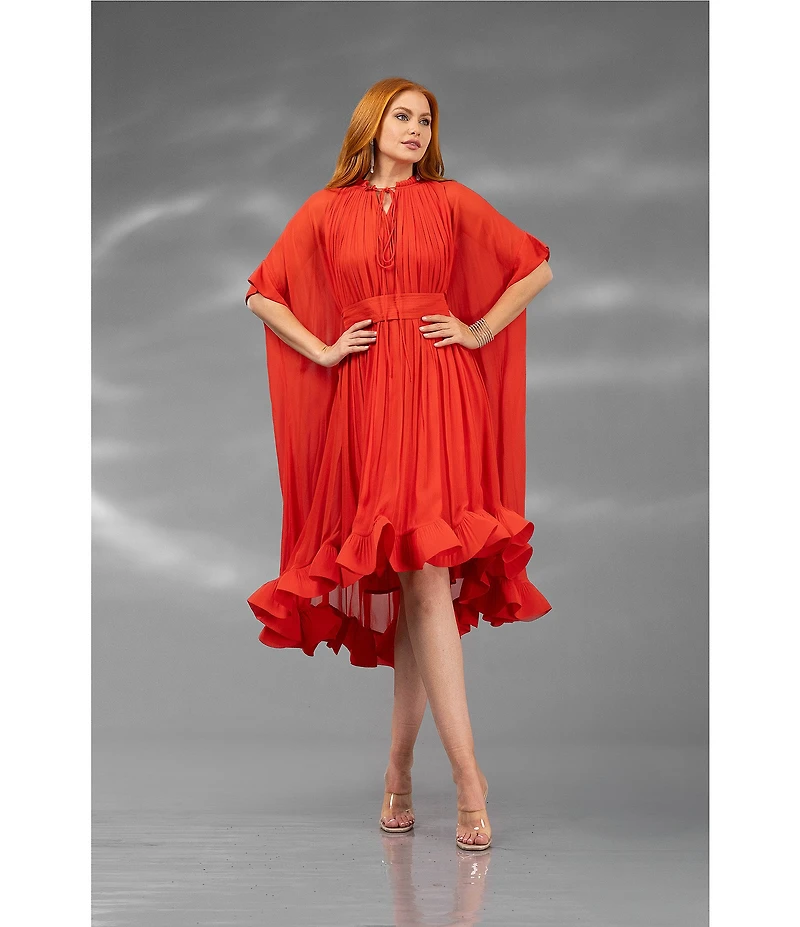 Terani Couture Tie Neck Short Capelet Sleeve Ruffle Hem Chiffon Caftan Dress