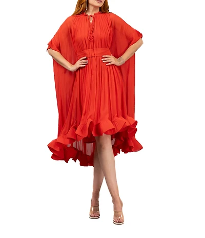 Terani Couture Tie Neck Short Capelet Sleeve Ruffle Hem Chiffon Caftan Dress