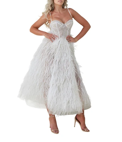 Terani Couture Tulle Feather Bustier Illusion Neckline Sleeveless A-Line Midi Gown