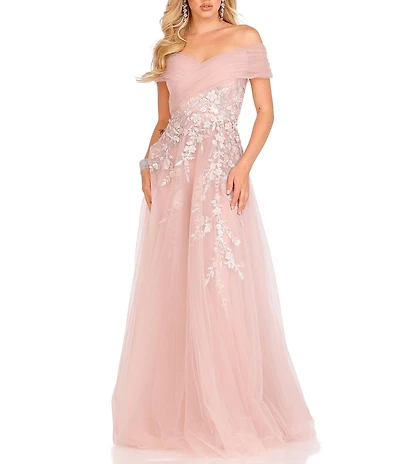Terani Couture Tulle Off-the-Shoulder Sweetheart Neck Applique Ball Gown